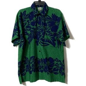 Rima Beachwear Mens Button Down Shirt Green Caribbean Hibiscus Floral Pockets L